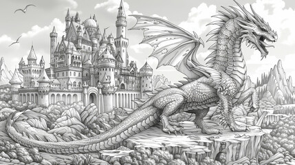 Obraz premium fantasy coloring page, explore a kingdom filled with brave knights, majestic castles, and fierce dragons on this exciting coloring page for a thrilling coloring experience