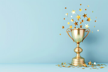 a gold trophy with stars falling out of it