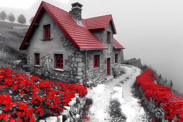 Set against a backdrop of muted tones, an old stone house draws the eye with its striking accents of vibrant red - from the tiled roof and window frames to the blooming flowers that add a pop of color