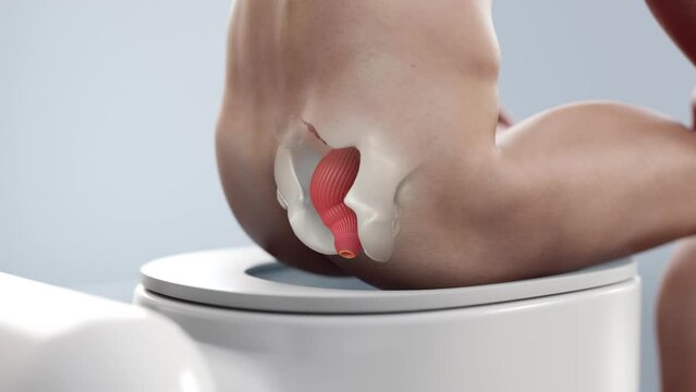 Man with hemorrhoids sitting down on toilet bowl 3d video