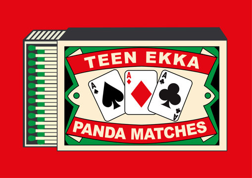 Ace Spade Playing Card (teen ekka) illustration in Matchbox and matches vector. Vintage and antique matchbox packaging design illustration. retro style packaging. old style design. open box