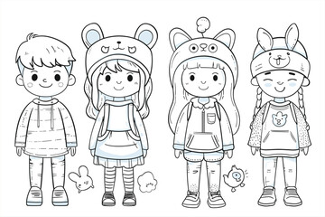Coloring Pages with cute girls and boys Characters, Coloring book, happy children set.