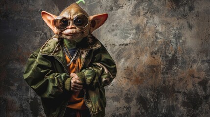 Fototapeta premium A goblin with a cheeky grin sports high-end streetwear, blending urban style with a touch of fantasy. His attire and confident pose add a unique twist to the mythical creature trope.