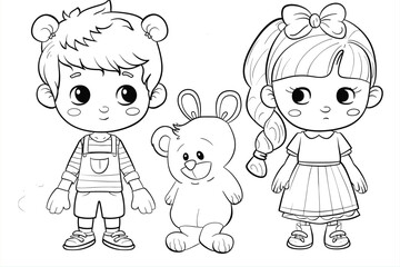 Coloring Pages with cute girls and boys Characters, Coloring book, happy children set.