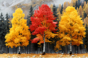 Commanding attention in the foreground, three majestic birch trees proudly display their vibrant yellow and red leaves, their slender trunks reaching skyward 