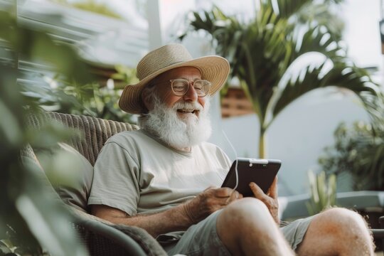 Content elderly man with gadgets