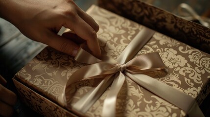 Close-up of a vintage-style gift box being meticulously wrapped, showcasing the delicate application of glue tape and elegant ribbon tying
