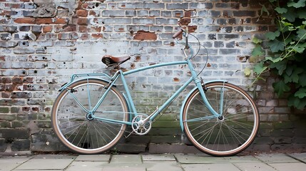 Pale blue vintage bicycle leaning against a weathered brick wall, nostalgic and charming. - Powered by Adobe