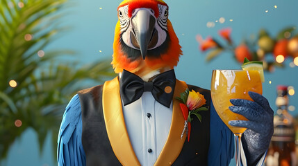 parrot in restaurant waiter outfit