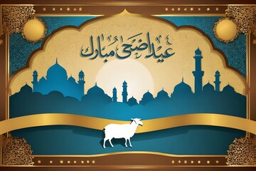greeting card for Eid al-Adha holiday with copy space, template with calligraphic font for words eid al adha mubarak in arabic for qurban bayrami, mosque with dome and minarets, cartoon animals