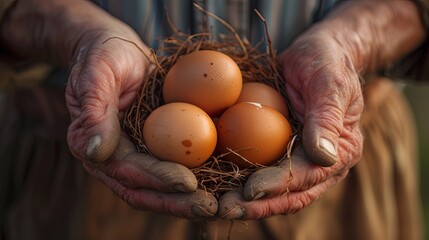 Farmer's hands cradling fresh eggs