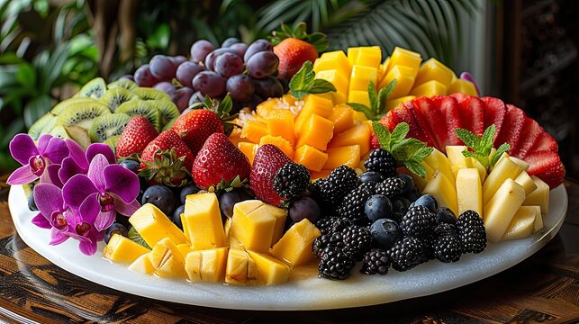 Fresh fruit platter with a variety of colorful and exotic fruits, tropical and refreshing, healthy snack