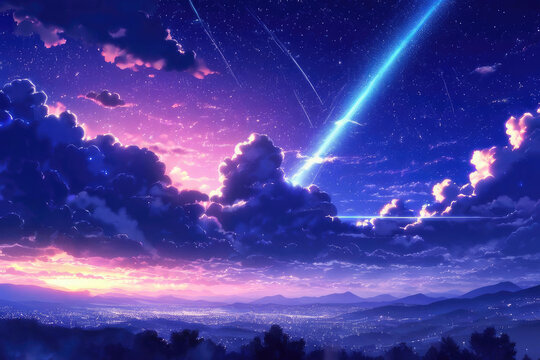 Generative AI, the sight of a meteor shower on a beautiful night with a dark sky dotted with soft light emanating from stars that sparkle like diamonds, beautiful meteor shower, cool anime landscape