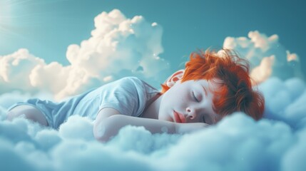 Red-Haired Child in a Dreamy Cloud Sky