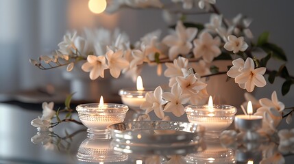 Ramadan candle arrangement in serene white hues, creating a tranquil atmosphere.
