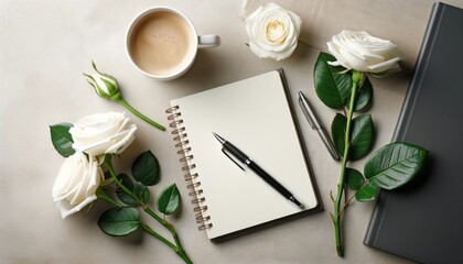 Flat lay of a creative workspace featuring a notebook, pens, a cup of coffee, and white rose on a white background.