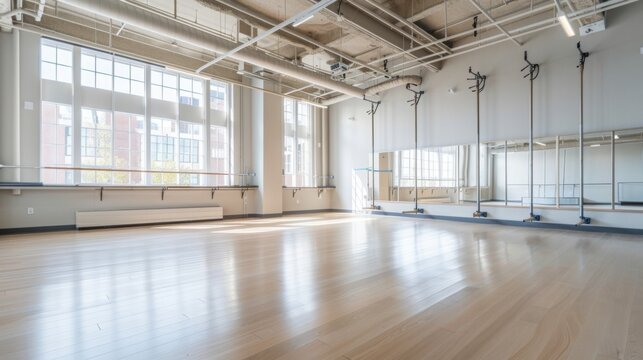 An empty dance studio featuring wooden floors and large windows, ready for dancers to practice and perform.