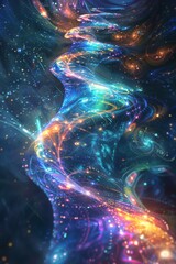 A data stream flowing upwards in the form of colorful particles, against a backdrop of a swirling nebula