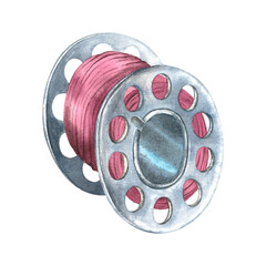 Bobbin for a sewing machine with pink threads. Hand drawn watercolor illustration of a metallic reel on an isolated background. For design on wrapping paper, fabric, cards. Sewing machine part.