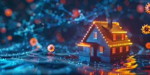 3D Design project of a house in the style of digital technologies, protected from viruses and bacteria around