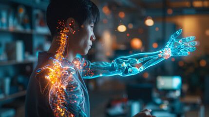 a man looking at a skeleton