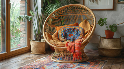 bohemian home decor, boho-inspired reading nook featuring a rattan peacock chair with vibrant throw...