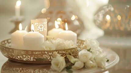 Ramadan candle arrangement in serene white hues, creating a tranquil atmosphere.