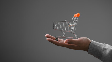 Hand holding shopping cart , onling shopping. Import or Export Shopping online or eCommerce finance...