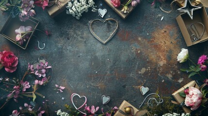 An enchanting tableau unfolds on a weathered iron backdrop, featuring Mother's Day flowers with gift boxes and heart-shaped ornaments, all laid out with rustic elegance and space for heartfelt notes. - Powered by Adobe