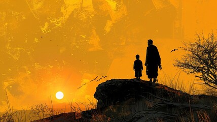  A minimalist depiction of Abraham on Mount Moriah sacrificing Isaac, crafted with clean lines and subtle details to convey the emotional depth and spiritual significance of this profound event