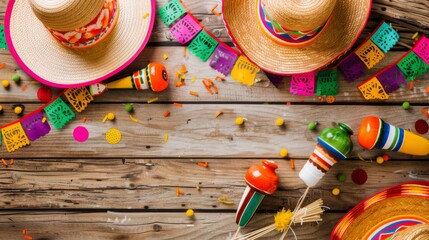 A festive array of Cinco de Mayo sombreros and maracas, bordered by colorful garlands on a wooden surface, showcasing the vibrant essence of Mexican heritage. Flat lay, top view, copy space.