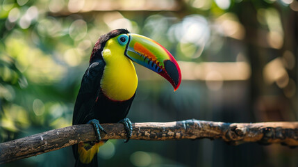 A vibrant toucan sits on a branch ahead.