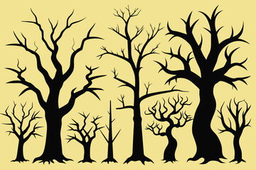 Set of Silhouette of a dead tree vector illustration. Illustration of trees and branches without leaves Silhouette Design with white Background and Vector Illustration