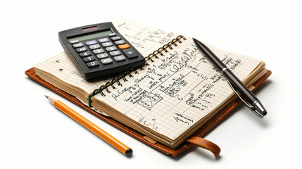 Copybook with maths formulas calculator and stationery