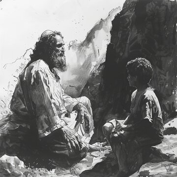  A minimalist depiction of Abraham on Mount Moriah sacrificing Isaac, crafted with clean lines and subtle details to convey the emotional depth and spiritual significance of this profound event