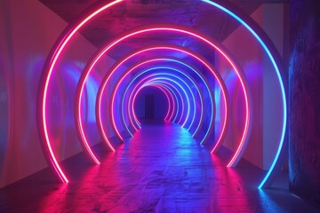 Obraz premium A neon spiral staircase leading upwards into an infinite expanse of darkness