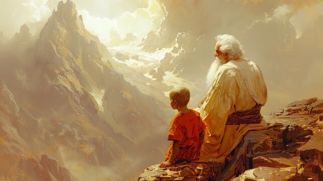  A minimalist depiction of Abraham on Mount Moriah sacrificing Isaac, crafted with clean lines and subtle details to convey the emotional depth and spiritual significance of this profound event