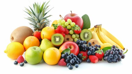 A variety of fruits are arranged together on a white background.
