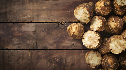Healthy Organic Taro Root on a Wooden Background