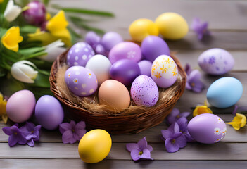 Obraz premium A rustic wooden table setting with a nest of purple eggs and lavender sprigs