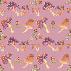 Naklejka premium Retro groovy seamless pattern with mushrooms and flowers in watercolor. Vintage hippie fungi textile ornament clipart. Hand drawn fly agaric nostalgic print for clothing, wrapping, scrapbooking