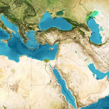 Physical map of the world, satellite view of the Middle East. Africa, Asia. Reliefs and oceans. Elements of this image are furnished by NASA
