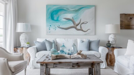 A living room with a serene ocean theme, featuring sea glass decorations and soft blues, creating a peaceful, maritime-inspired oasis for relaxation and inspiration.