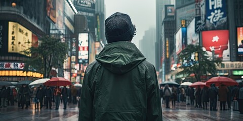 A man with a backpack stands in the rain, facing a bustling city street