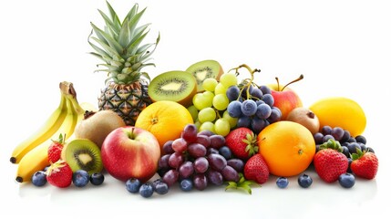 A variety of fruits are arranged together on a white background.
