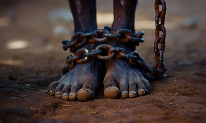 closeup of african foot bound by steel chain. for commemorate freedom from slavery in America. Juneteenth celebrate photo concept.