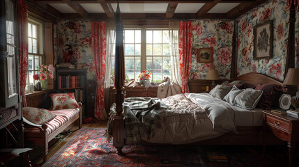 A vintage bedroom with a four-poster bed, vintage floral wallpaper, and a window seat overlooking a garden.
