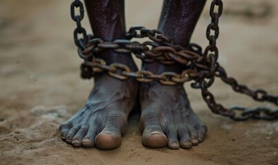 closeup of african foot bound by steel chain. for commemorate freedom from slavery in America. Juneteenth celebrate photo concept.