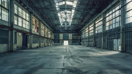empty industrial steel structure workshop interior with concrete floor and natural light background for product display or mockup