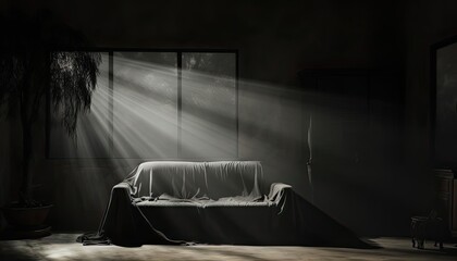 A dark room with a single light source. The light is shining through a window and illuminating a couch in the center of the room. The couch is covered in a white cloth.
